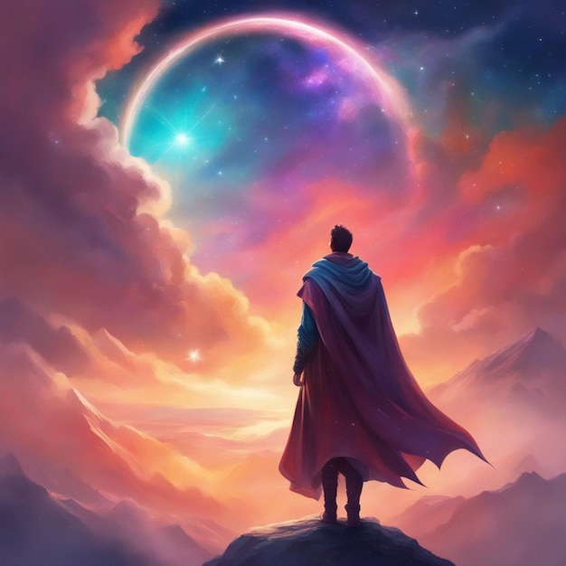 Мужчина в плаще стоит на горе со звездой и красочным облаком в небе Обои