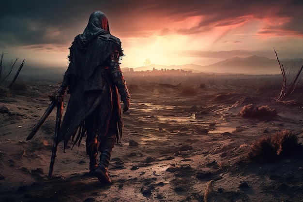 A man in a cloak walks towards a sunset