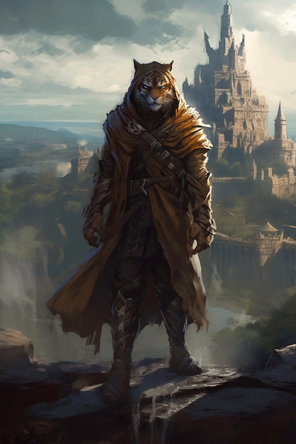 A man in a cloak with a castle in the background.