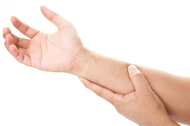 Man closeup on wrist. Isolated on white. 