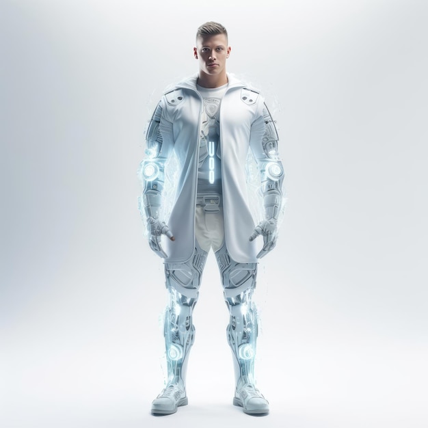 A man in the clothes of the future on a white background