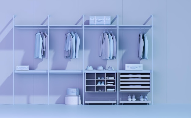 Man Clothes shelf on purple background Collection of man clothes hanging on a rack in blue colors