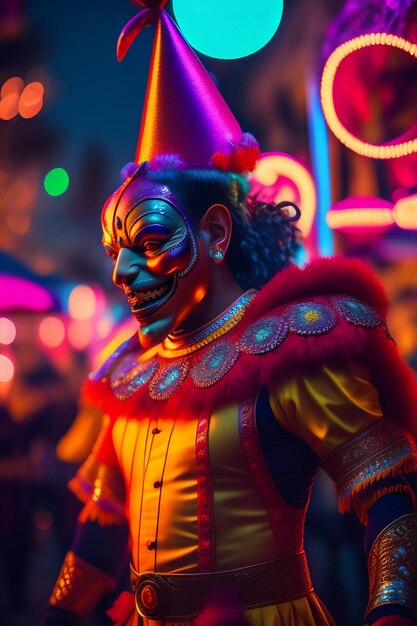 A man in a clown costume is standing in front of a neon light.