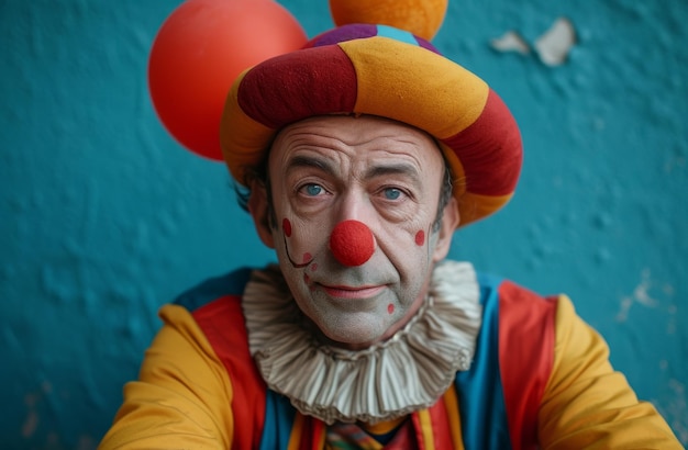 Foto uomo in costume di clown che mostra abiti colorati costumi divertenti e travestimenti concetto