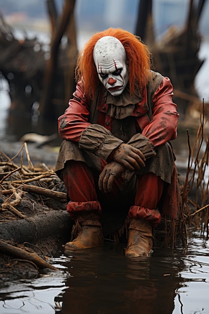 a man in a clown garment sitting in water