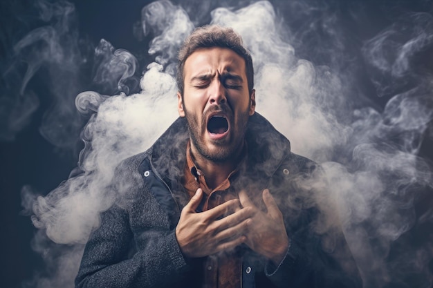 man clutching his chest in pain coughs and struggles with asthma symptoms due to exposure to smoke and allergens reflecting the impact of an unhealthy lifestyle