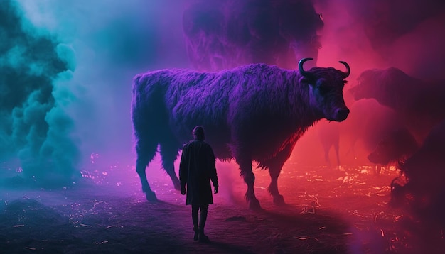 A man in a coat walks past a purple and pink smokey night scene.