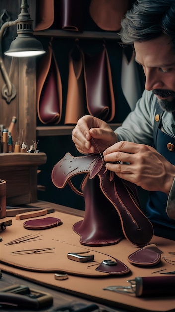 Man cobbler stitching leather parts