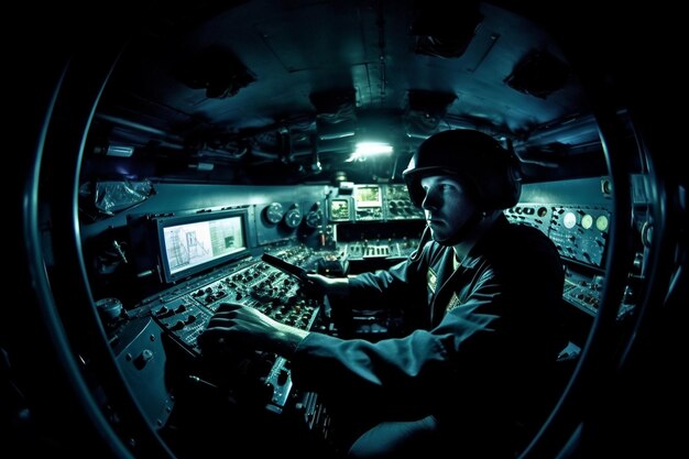 A man in a cockpit with a monitor on the right side.