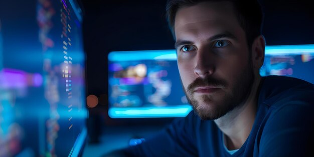 man coding at computer for software development or cyber security in office a scene depicting a person programming at a computer in an office environment concept technology programming