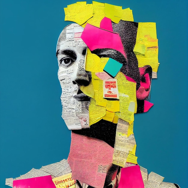 Man collage portrait made of newspapers 3d rendering