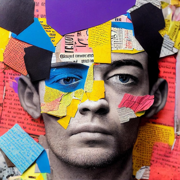 Man collage portrait made of newspapers 3d rendering