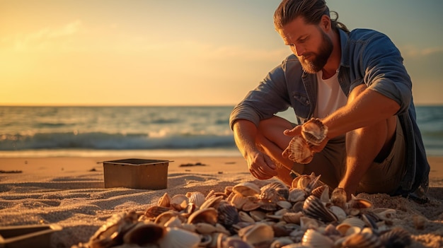 Man collects seashells on the beach