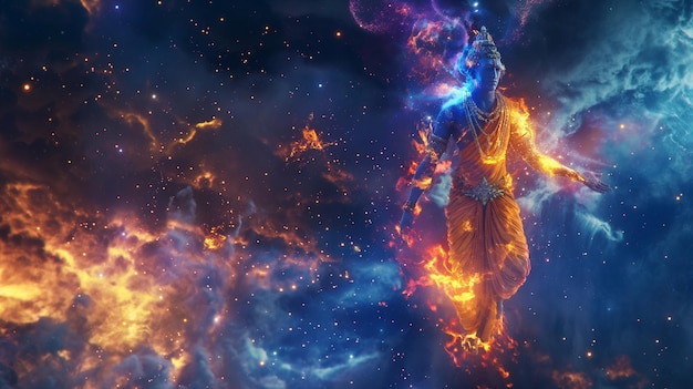 色とりどりの銀河の男 背中に火の文字が描かれている