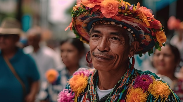 A man in a colorful hat smiles at the camera.