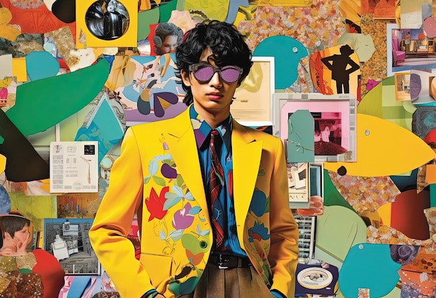 A man in a colorful jacket with a collage of icons is featured in the style of hiroshi nagai