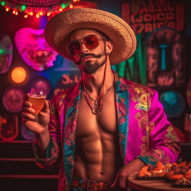 Photo a man in a colorful robe with a straw hat and a straw hat holds a glass of beer in front of a sign