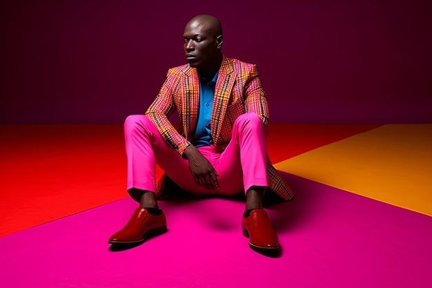 A man in a colorful suit sits on a pink floor with a colorful background.