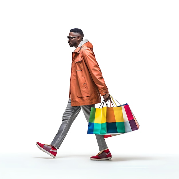 man of colour walking with shopping bag uk white background