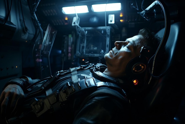 Man in comatose state with wires on head in scifi space station intergalactic travel ai generated