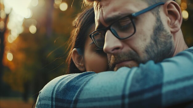 Photo man comforting his sad mourning friend embracing her in a park generative ai