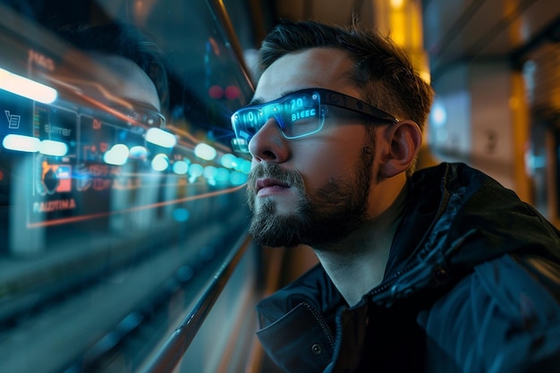 A man commuting with smart glasses displaying real generative ai