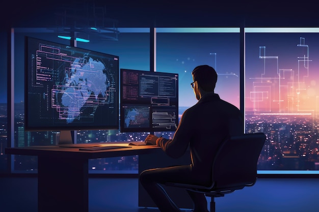 a man concentrates at his desk working or studying with two monitors to assist him software developer and a man at computer for coding script ai generated