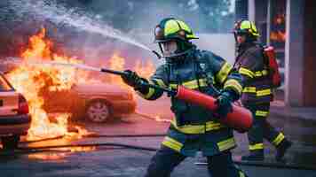 Photo a man conducts exercises with a fire extinguisher fire extinguishing concept