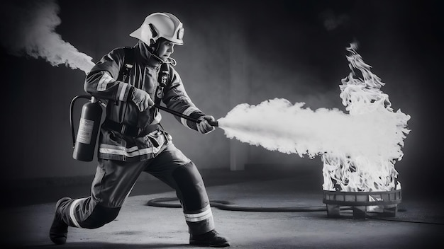 Photo a man conducts exercises with a fire extinguisher fire extinguishing concept