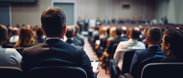 a man in a conference with a large audience in the background