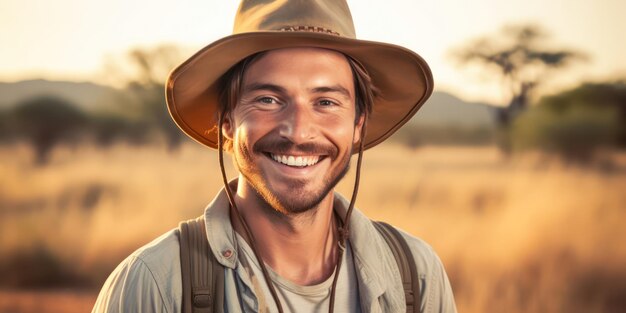 The man confident demeanor pairs perfectly with his outfit and hat tourist concept