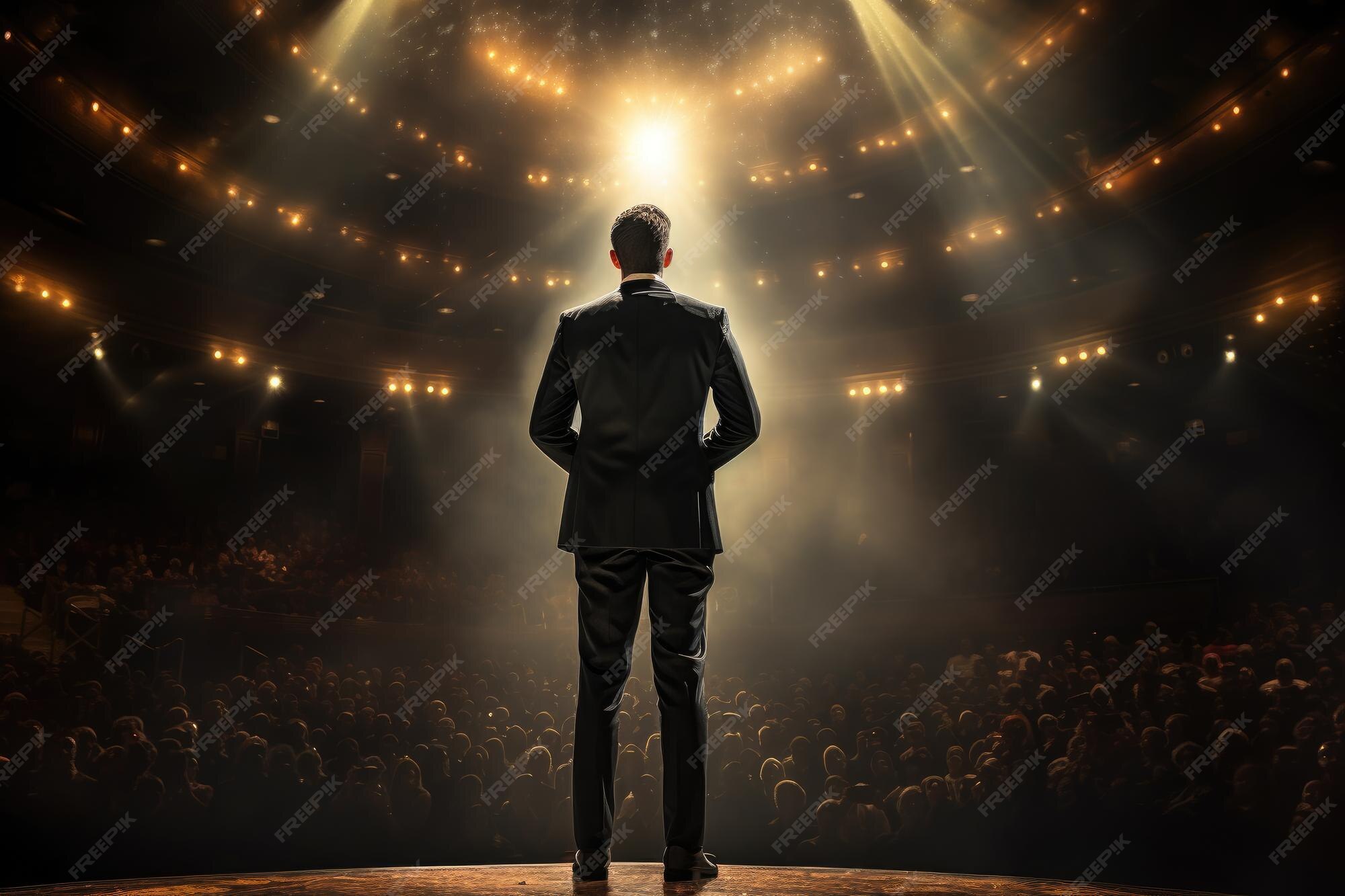 Premium Photo | A man confidently stands before a large crowd 