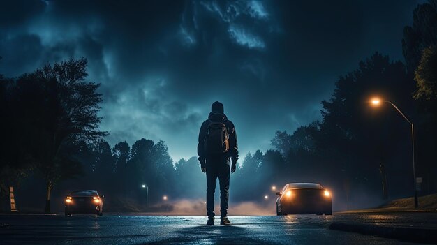 A man confidently stands in the car headlights holding a backpack creating a visually striking sports photo at night