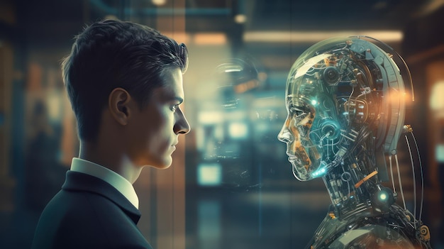 A man confronts a robot face to face depicting humans vs robots