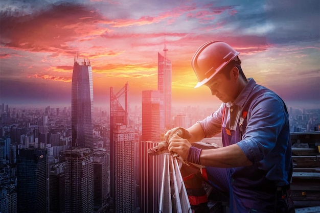 a man in a construction helmet is working on a skyscraper