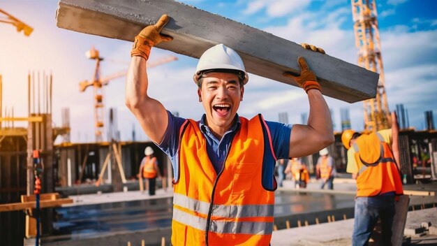 Photo a man in a construction vest is holding a piece of wood