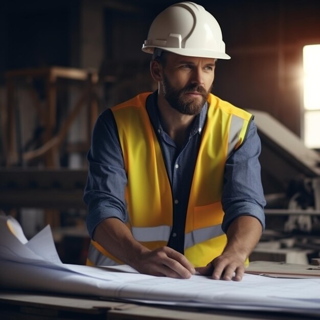 Foto un uomo con un giubbotto da cantiere è seduto a un tavolo con sopra una maglietta blu.