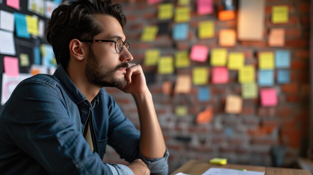 Man contemplating a wall full of colorful sticky notes