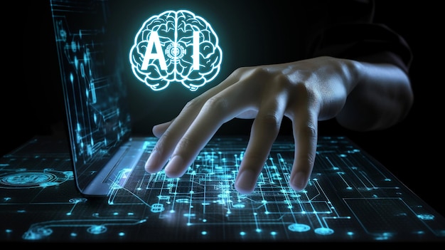 Man controlling artificial intelligence through a futuristic digital interface