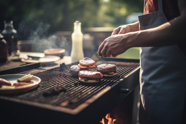 写真 バーベキューグリルでおいしい食事を作り、ハンバーガーをひっくり返し、屋外での食事を楽しむ男性