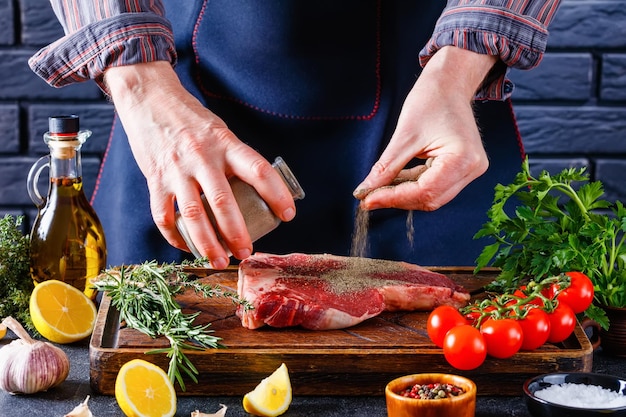 Man cooking beefsteak on a kitchen closeup