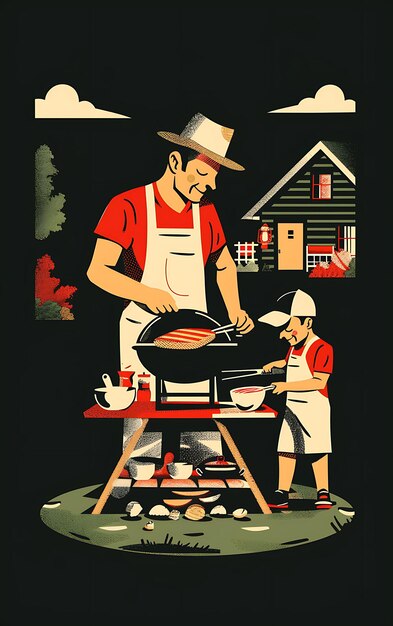 Photo a man cooking a chicken on a grill with a house in the background