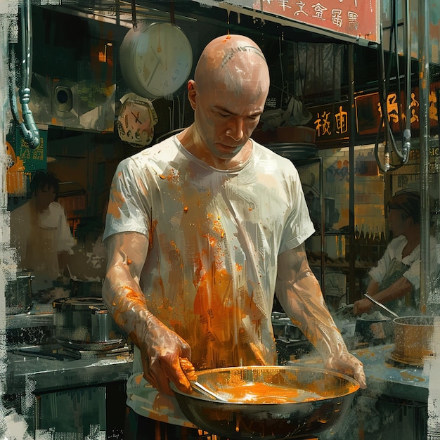 a man cooking in a chinese restaurant with a red sign behind him