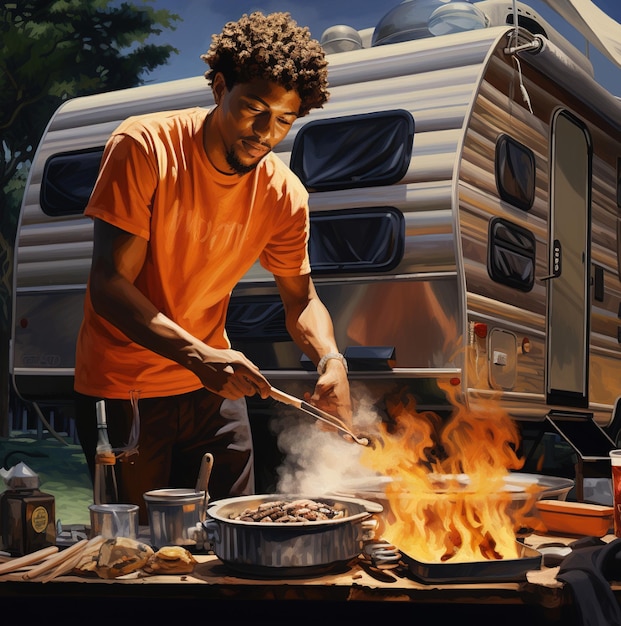 A man cooking food in front of a camper with a hot dog on it