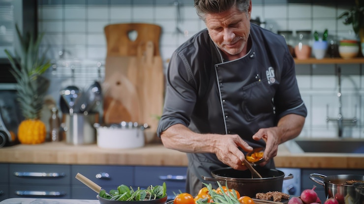 Photo a man cooking food in a kitchen with a chef in the background