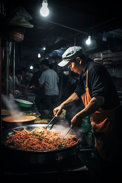 夜に中華鍋で料理を作る男性