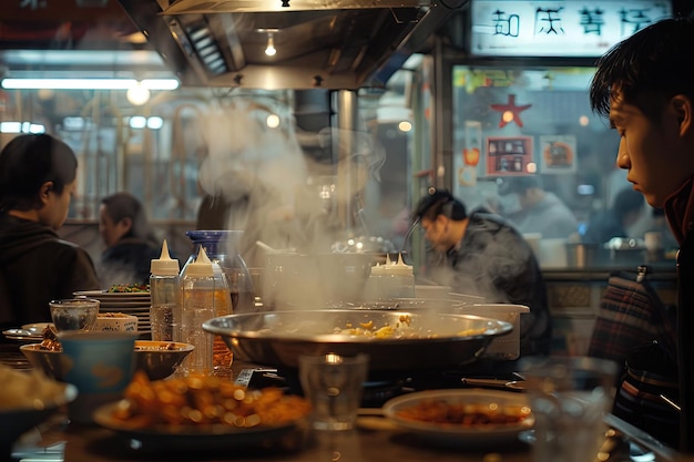 A man cooking food in a wok in a restaurant
