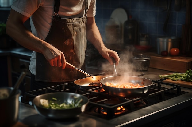 家のキッチンでストーブで料理をしている男性