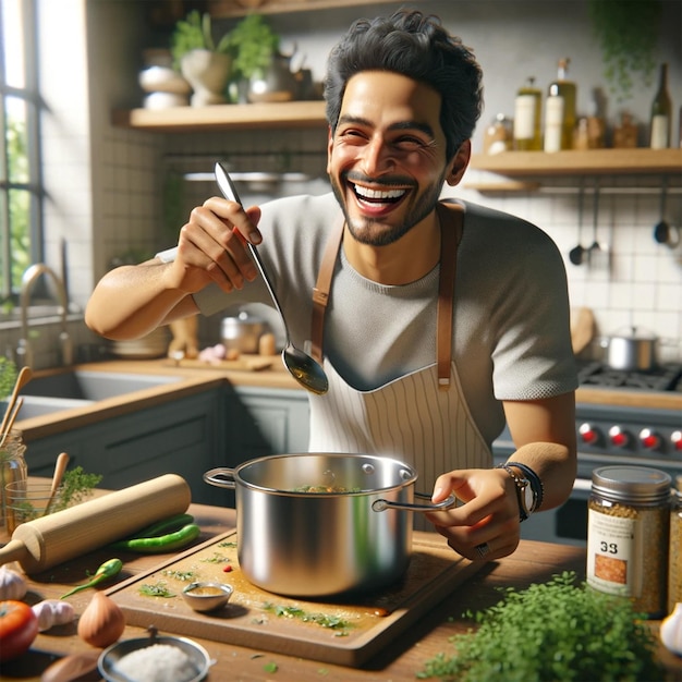 Foto uomo che cucina felicemente in cucina