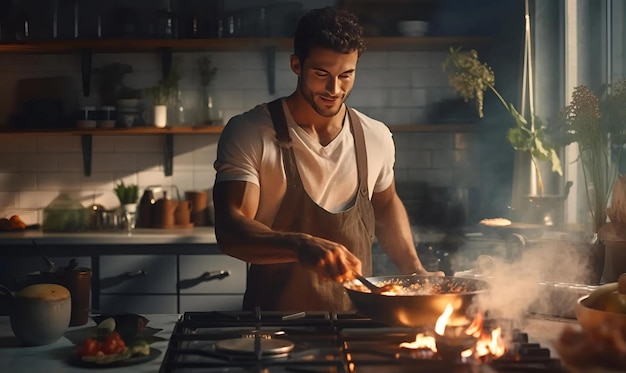 Photo man cooking in the kitchen